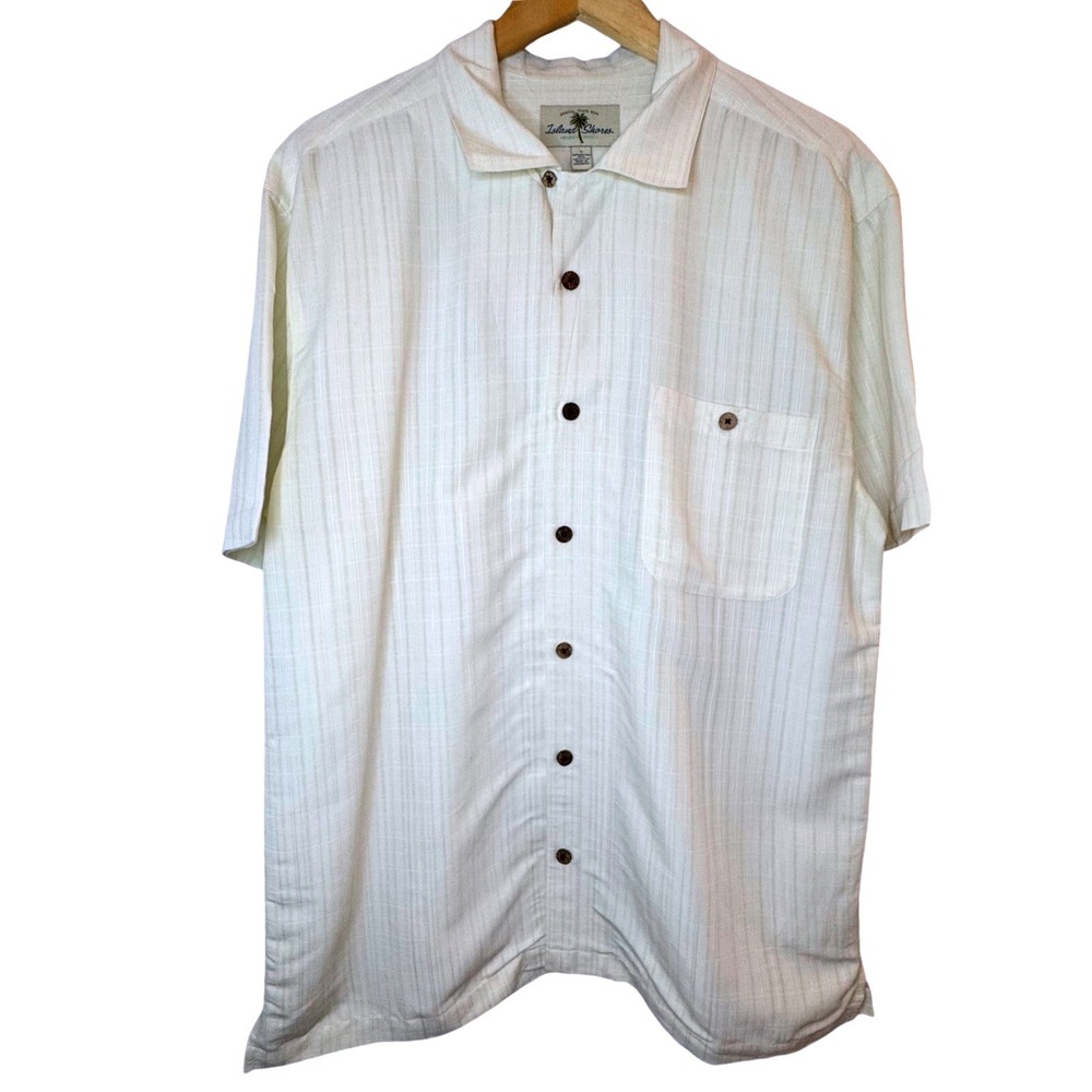 Island Shores Mens Large Cream Textured Stripe Short Sleeve Button Down Shirt